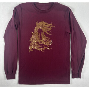 Artisans Horse Head T-shirt Women's Small flow Golden Mane Burgundy Long Sleeve